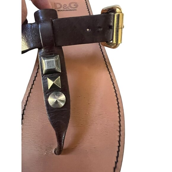 D&G Women's Brown Leather Studded Thong Sandals Made in Italy Size EUR 38.5 US 8 - Picture 4 of 8